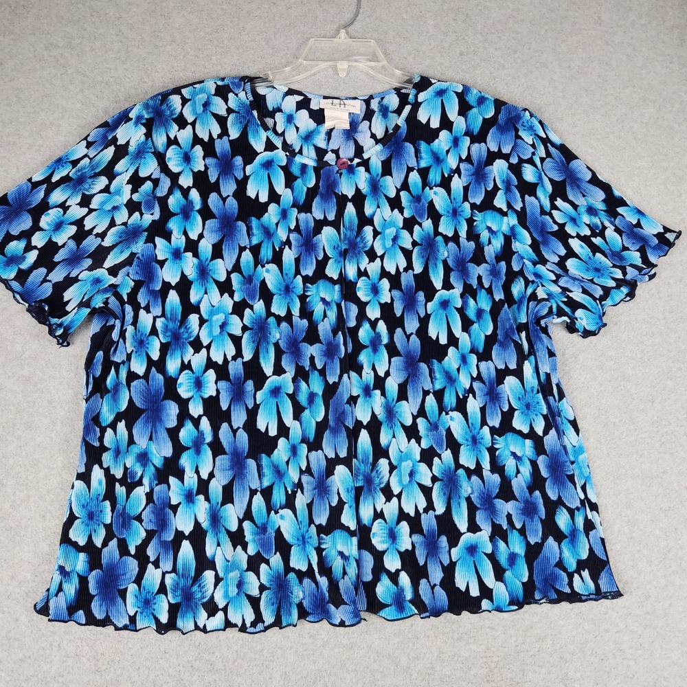 Los Angeles Blouse Top Women XL Blue Floral Plisse Pleated Lettuce Edge Regular
